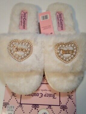 Juicy Couture Huckleberry Faux Fur Slip-On Slippers Pearl Heart Ivory Medium NWT